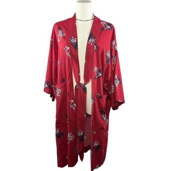 Banana Republic Red Floral Cotton Kimono Duster Cardigan Lightweight Boho | OSFM - Picture 1 of 11